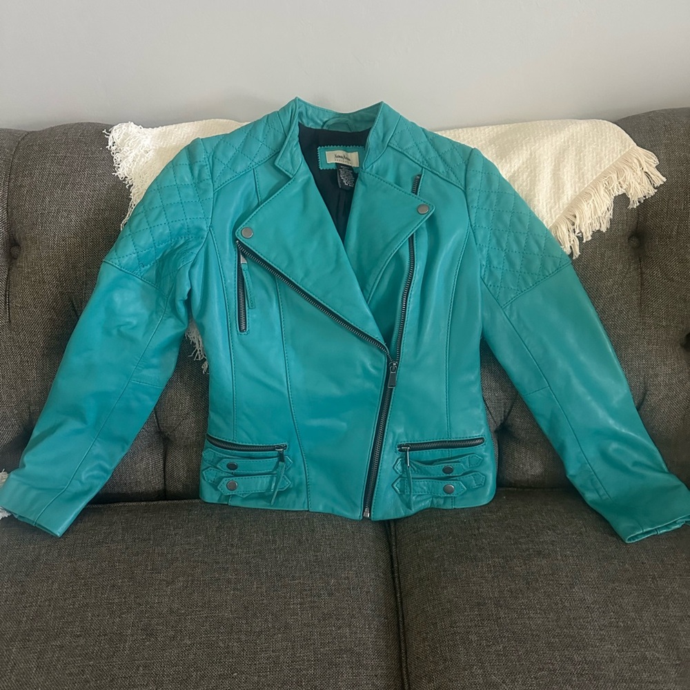NEIMAN Marcus Exclusive Turquoise Leather Jacket Size Small